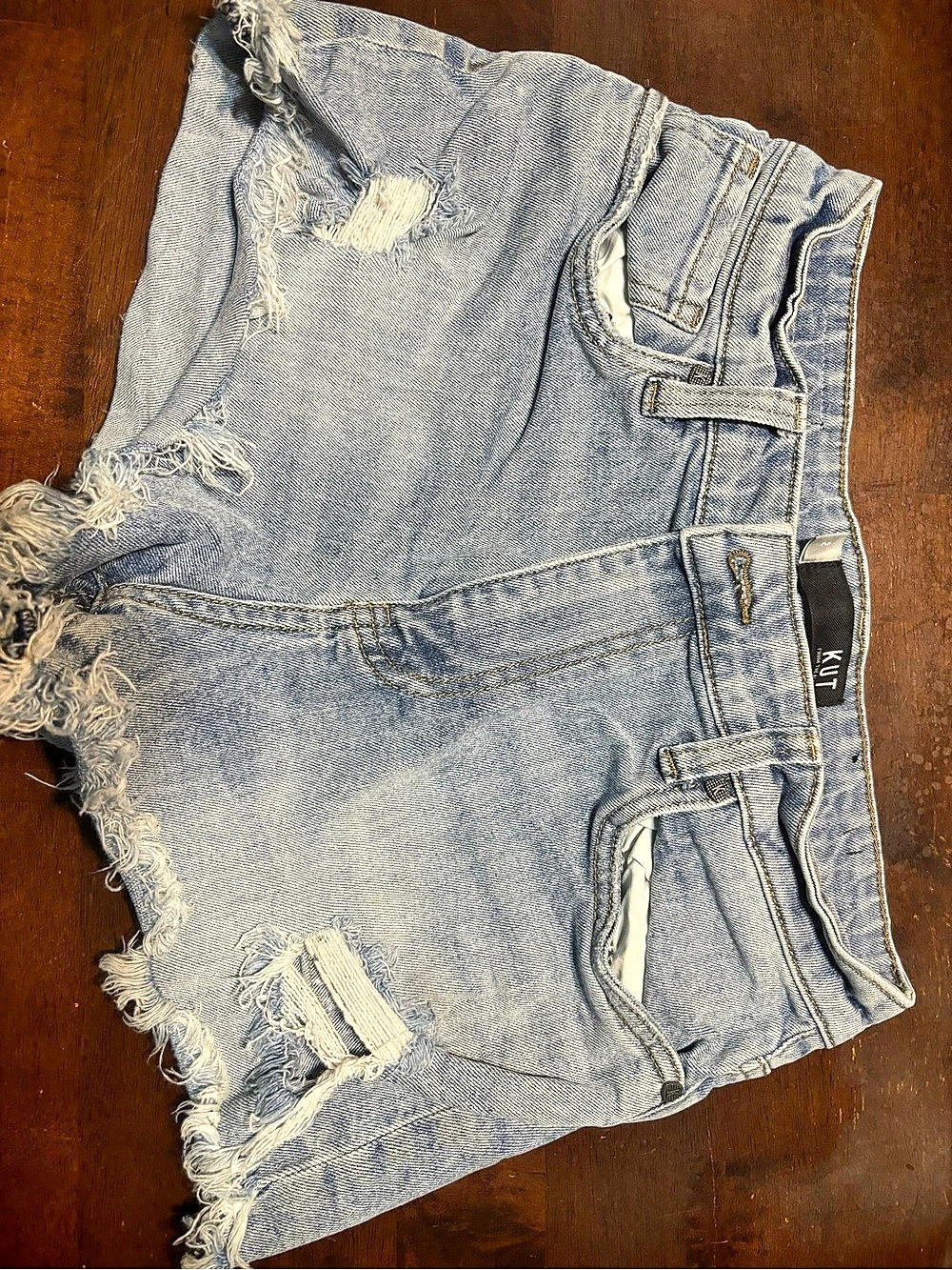 KUT from the Kloth Distressed Jean Shorts in Blue Waist 2